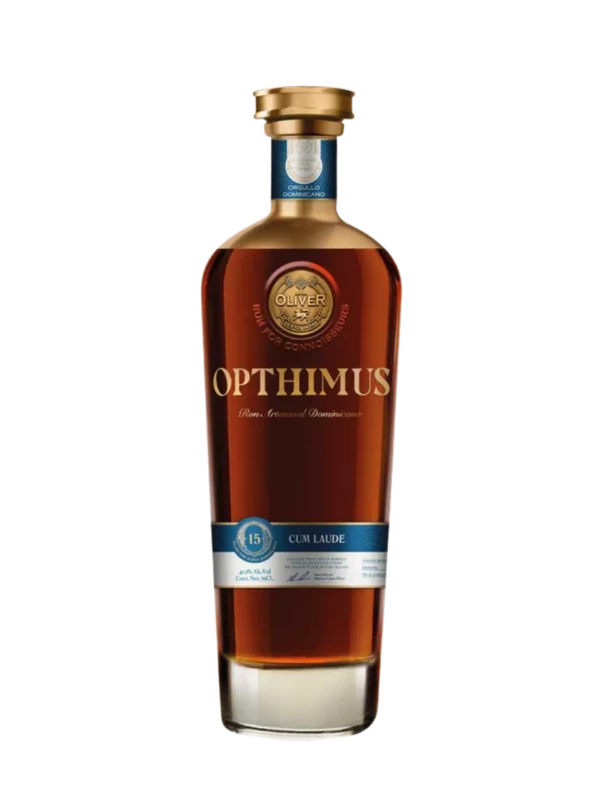 Rhum Opthimus Cum Laude 15 Ans, bouteille de face, vins et spiritueux A La Civette.