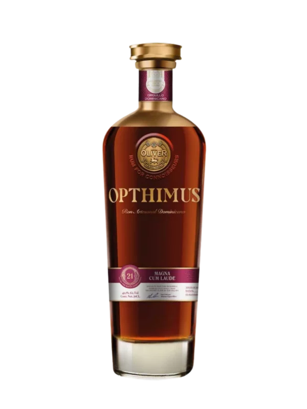 A La Civette Vins et spiritueux Rhum Opthimus Magna Cum Laude 21 ans bouteille face, rhum dominicain premium vieilli 21 ans.