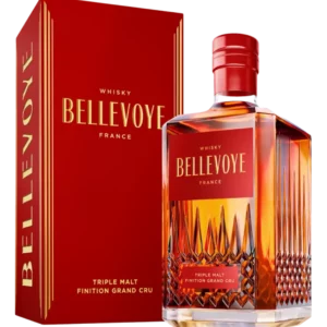 Whisky Bellevoye Rouge finition Grand Cru, boîte face et bouteille face, vins et spiritueux A La Civette.