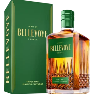 Whisky Bellevoye Vert finition Calvados, boîte trois-quarts et bouteille face, vins et spiritueux A La Civette.