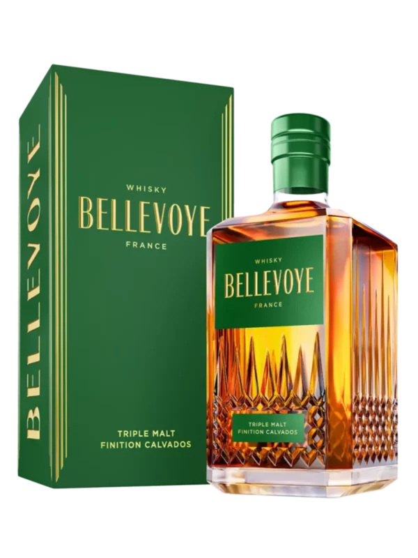Whisky Bellevoye Vert finition Calvados, boîte trois-quarts et bouteille face, vins et spiritueux A La Civette.