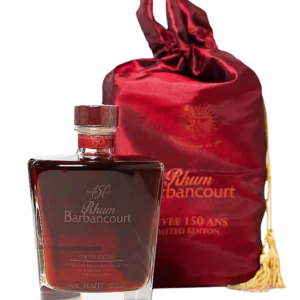 Emballage du rhum Barbancourt Cuvée 150 ans édition limitée et sa bouteille, tous deux présentés de face.