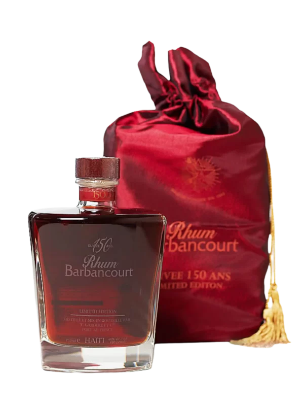 Emballage du rhum Barbancourt Cuvée 150 ans édition limitée et sa bouteille, tous deux présentés de face.