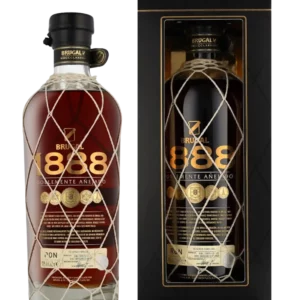 Boîte de présentation du rhum Brugal 1888 Doblemente Añejado et sa bouteille, présentées l'une et l'autre de face