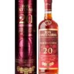 Boîte de présentation du rhum Centenario 20 Fundación Solera et bouteille assortie, toutes deux vues de face.