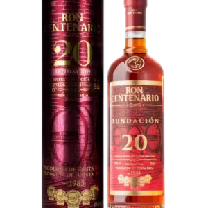 Boîte de présentation du rhum Centenario 20 Fundación Solera et bouteille assortie, toutes deux vues de face.