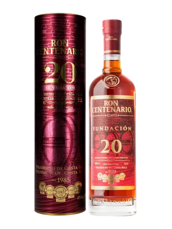 Boîte de présentation du rhum Centenario 20 Fundación Solera et bouteille assortie, toutes deux vues de face.