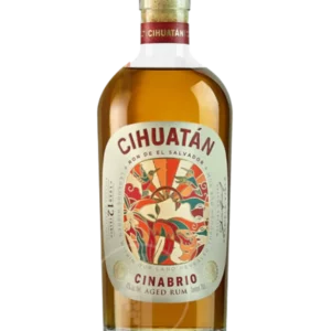 Cihuatán Cinabrio 12 ans, rhum vieilli dont la bouteille bouchée est montrée de face, étiquette en vue.