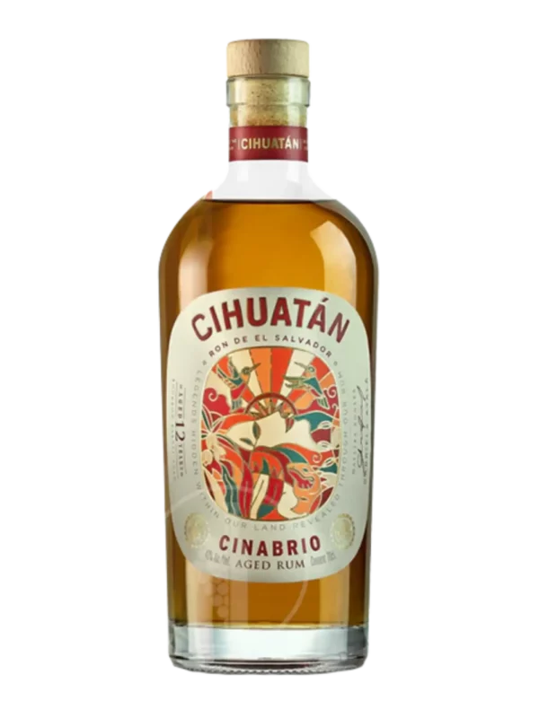 Cihuatán Cinabrio 12 ans, rhum vieilli dont la bouteille bouchée est montrée de face, étiquette en vue.