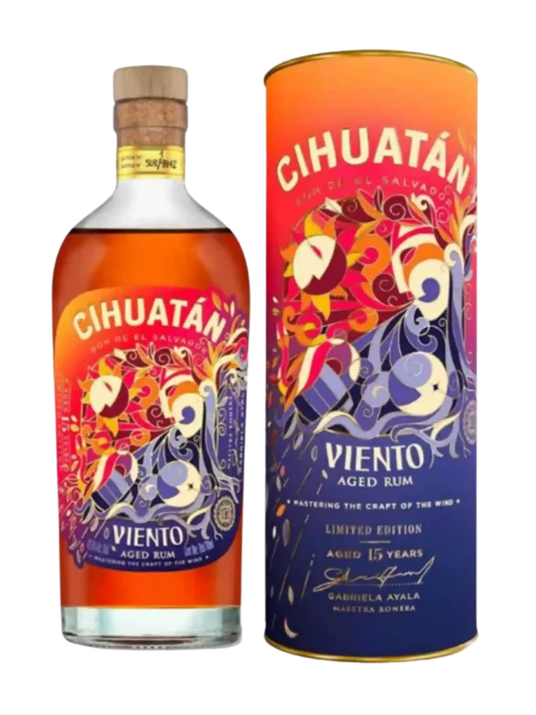 Boîte de présentation du rhum Cihuatán Viento 15 ans accompagnée de sa bouteille, l'une et l'autre de face.