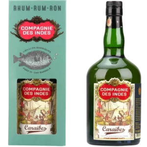 Boîte et bouteille du rhum Compagnie des Indes Caraïbes, emballage et flacon réunis, chacun montré de face.