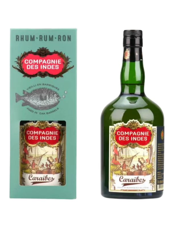 Boîte et bouteille du rhum Compagnie des Indes Caraïbes, emballage et flacon réunis, chacun montré de face.