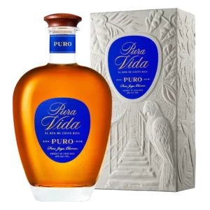 Bouteille et boîte du rhum Pura Vida Puro, flacon et emballage de présentation tous deux montrés côté face.