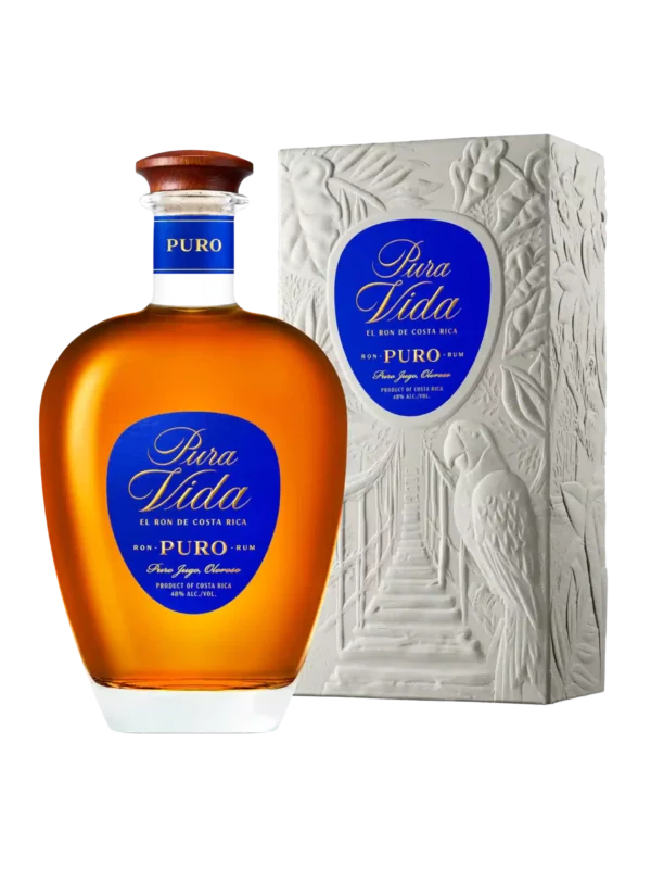 Bouteille et boîte du rhum Pura Vida Puro, flacon et emballage de présentation tous deux montrés côté face.
