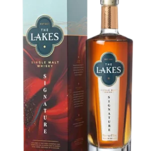 Whisky The Lakes Signature, bouteille et boîte d'emballage réunies et présentées chacune de face.