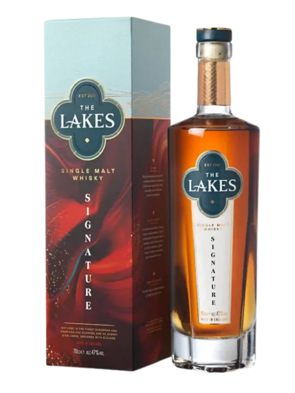 Whisky The Lakes Signature, bouteille et boîte d'emballage réunies et présentées chacune de face.