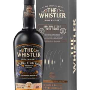 Emballage et bouteille du whisky The Whistler Imperial Stout Cask Finish, la boîte comme le flacon vus de face.