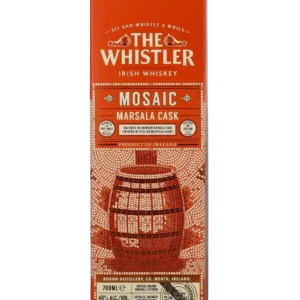 Boîte d'emballage du whisky The Whistler Mosaic Marsala Cask, montrée seule et vue de face, sans la bouteille.