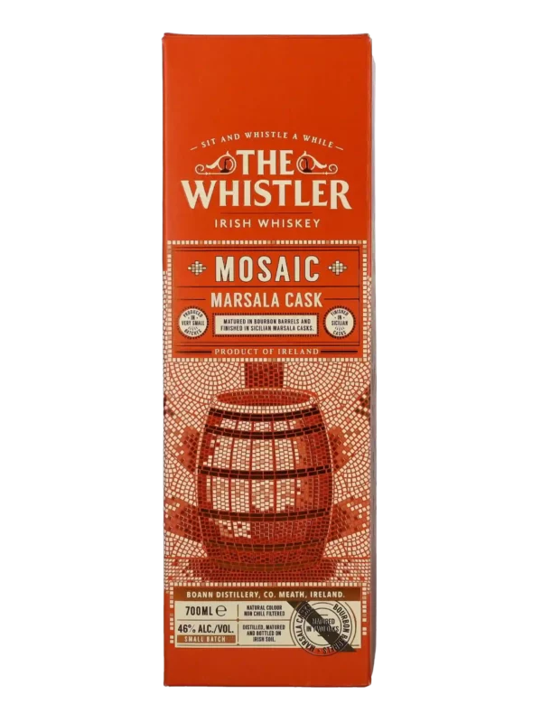 Boîte d'emballage du whisky The Whistler Mosaic Marsala Cask, montrée seule et vue de face, sans la bouteille.