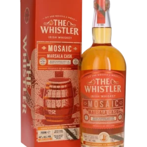 Whisky Mosaic Marsala Cask signé The Whistler, présenté avec sa boîte, bouteille et emballage tous deux vus de face.