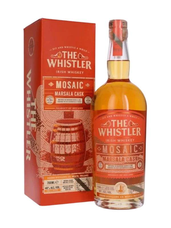 Whisky Mosaic Marsala Cask signé The Whistler, présenté avec sa boîte, bouteille et emballage tous deux vus de face.