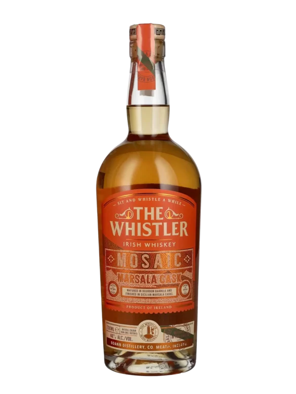 Whisky The Whistler Mosaic Marsala Cask, bouteille seule vue de face, sans étui ni boîte d'emballage à ses côtés.