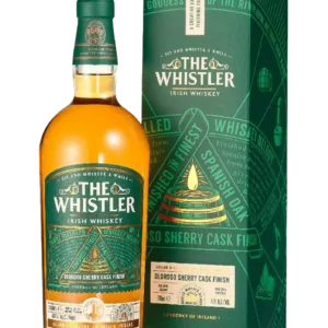 Boîte et bouteille du whisky The Whistler Oloroso Sherry Cask Finish, l'emballage et le flacon vus tous deux de face.