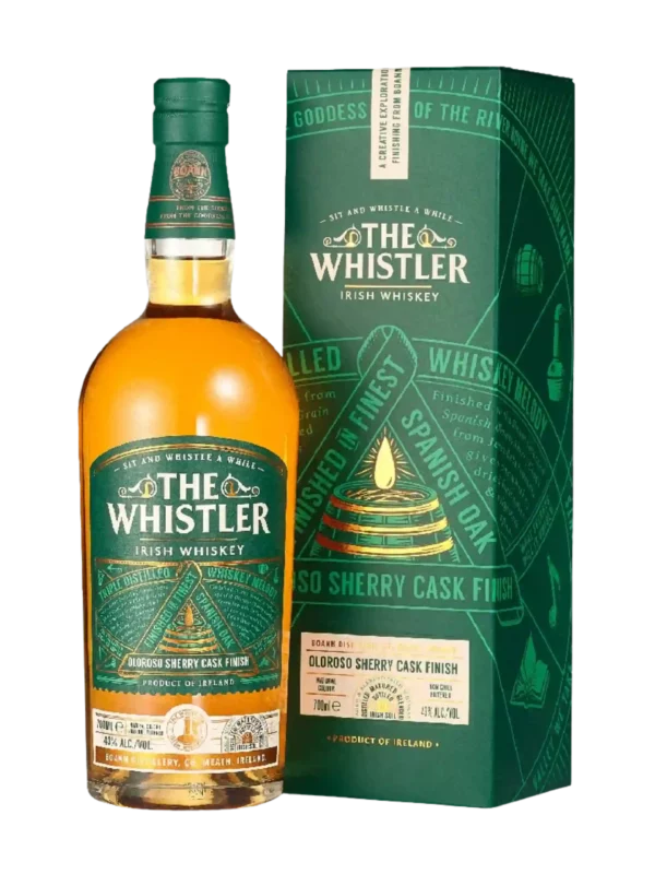Boîte et bouteille du whisky The Whistler Oloroso Sherry Cask Finish, l'emballage et le flacon vus tous deux de face.